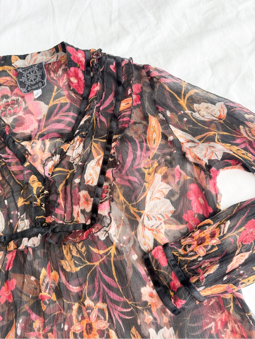 Johnny Was Jade 100% Silk Black Floral Blouse